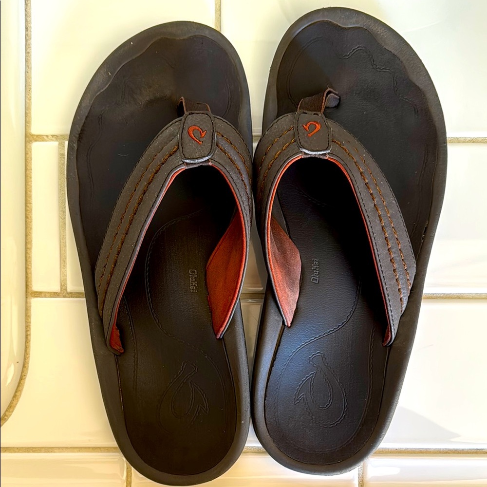 OluKai Brown and Orange Flip-Flops
